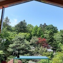 エルム ガーデンの写真｜挙式会場の大窓から見える庭園の景色。
晴れていて最高でした。