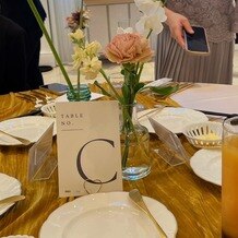 アニヴェルセル 白壁の写真｜テーブルナンバーは自作のものを持ち込み。ゲストテーブル装花も素敵でした。