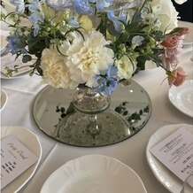 ベイサイド迎賓館　松山の画像｜各テーブル上の花瓶のお花は春らしい彩りで青い花が印象的