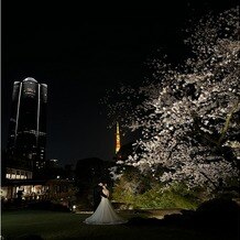 国際文化会館（International House of Japan）の写真｜夜桜と夜景をバックにアフターフォト