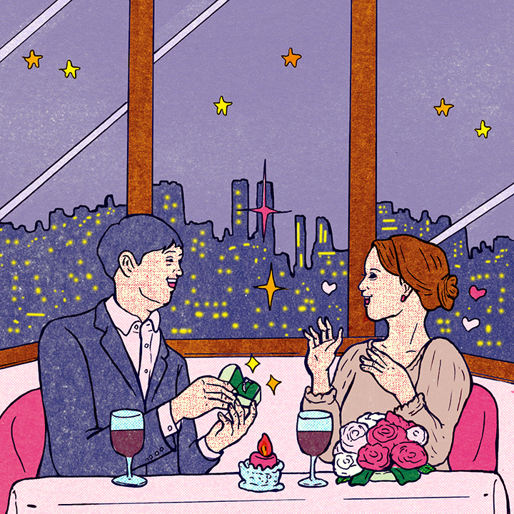 雰囲気のあるレストランでプロポーズをしているイラスト