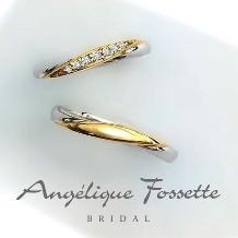 アンジェリック　フォセッテ　ブライダル:プラチナとゴールドのコンビマリッジ。周りと被りにくいデザインでお探しの方へ人気！
