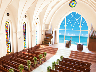 アリビラ・グローリー教会／チュチュリゾートウエディング：ステンドグラスが輝く煌びやかな大聖堂