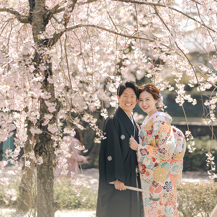 レトロな色使いの衣裳が桜の風景にマッチ