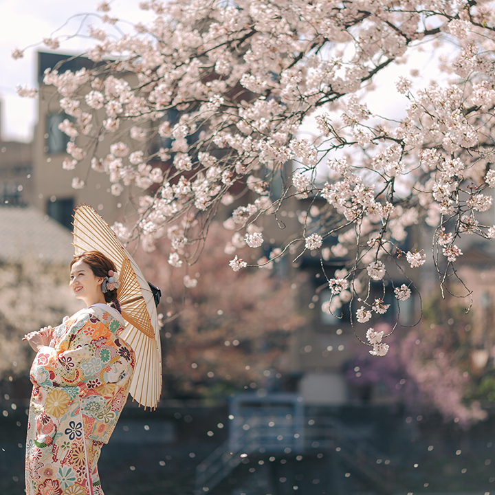 レトロな色使いの衣裳が桜の風景にマッチ