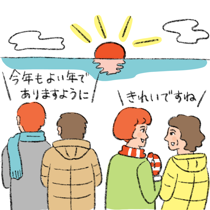 義理の家族とみなで初日の出を見に行っている様子