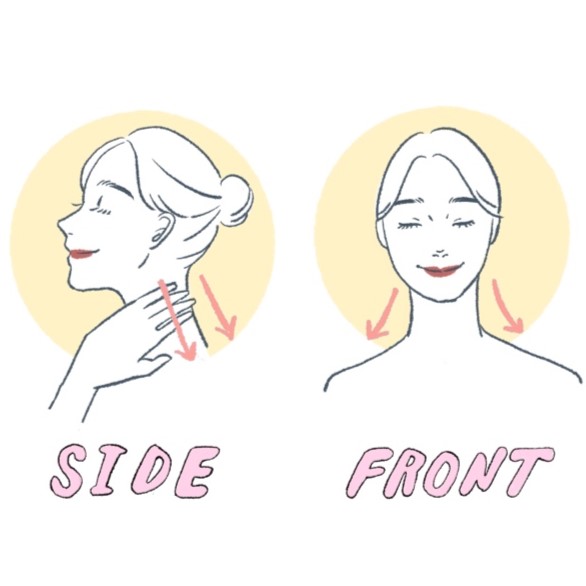 耳の下から首筋～肩に向かい、４本の指を使って５回程度さすって流す。
