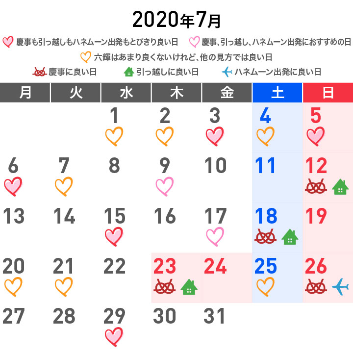 2020年7 12月 縁起のいい日カレンダー 婚約 結婚式 引っ越しetc