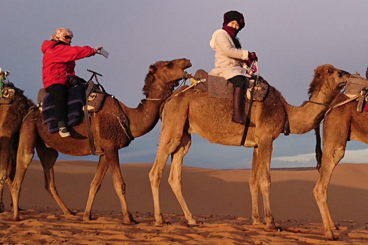 独身最後の旅行で言ったモロッコの砂漠でラクダに乗る花嫁