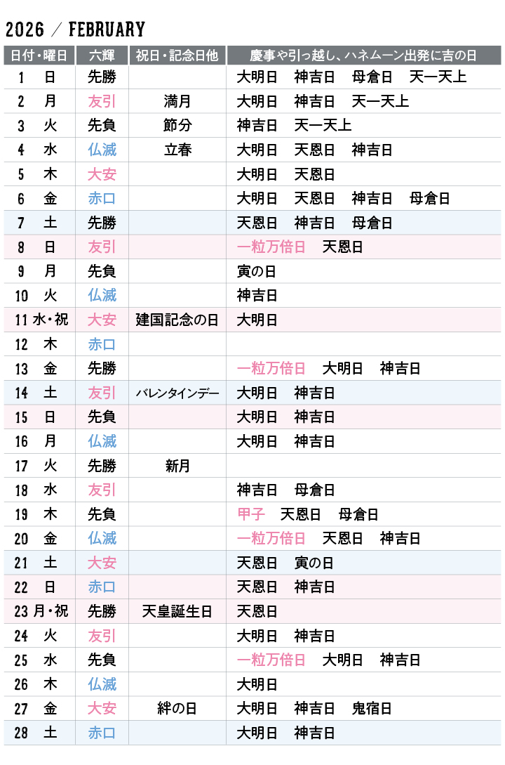 ２０２６年２月カレンダー