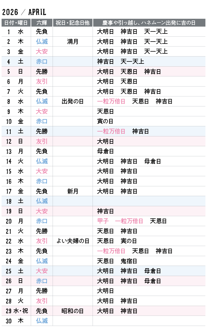 ２０２６年４月カレンダー