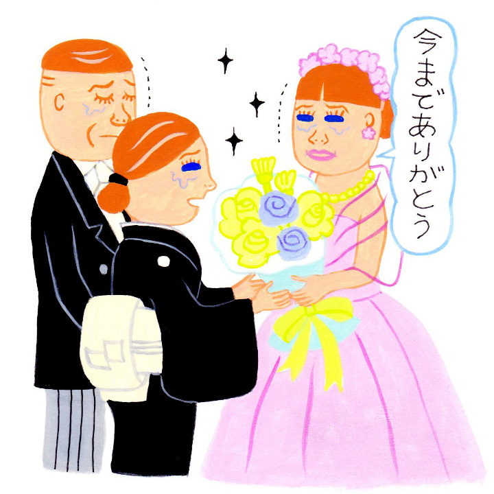 親に花束を贈呈する花嫁