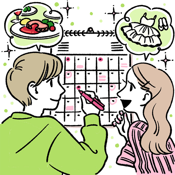準備スケジュールを組むカップルのイラスト