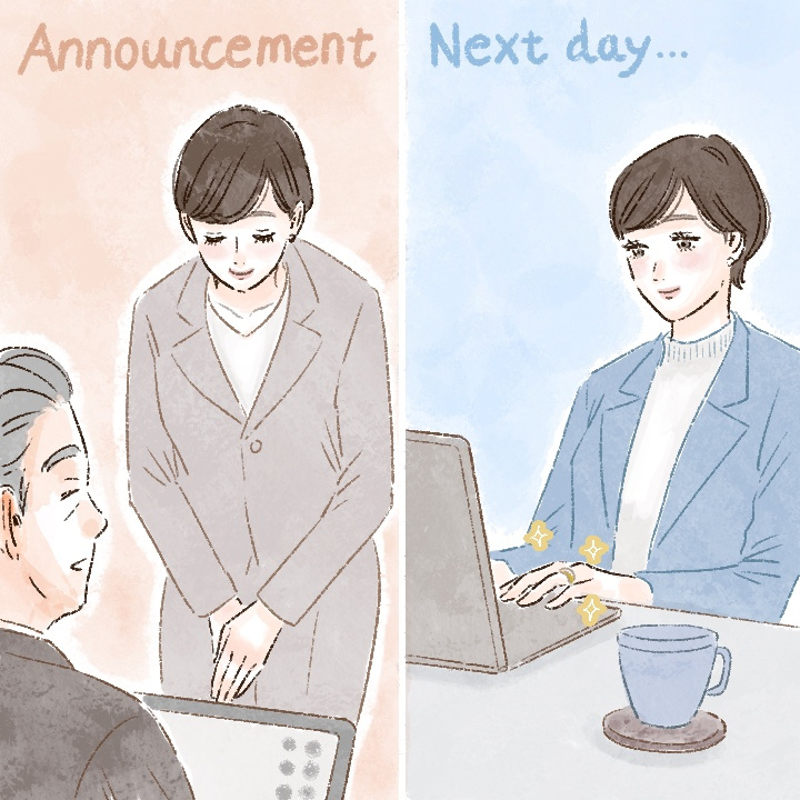 会社で結婚報告して指輪を着けている花嫁