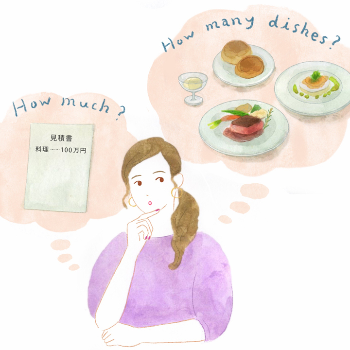 婚礼料理の値段や品数に悩んでいる女性
